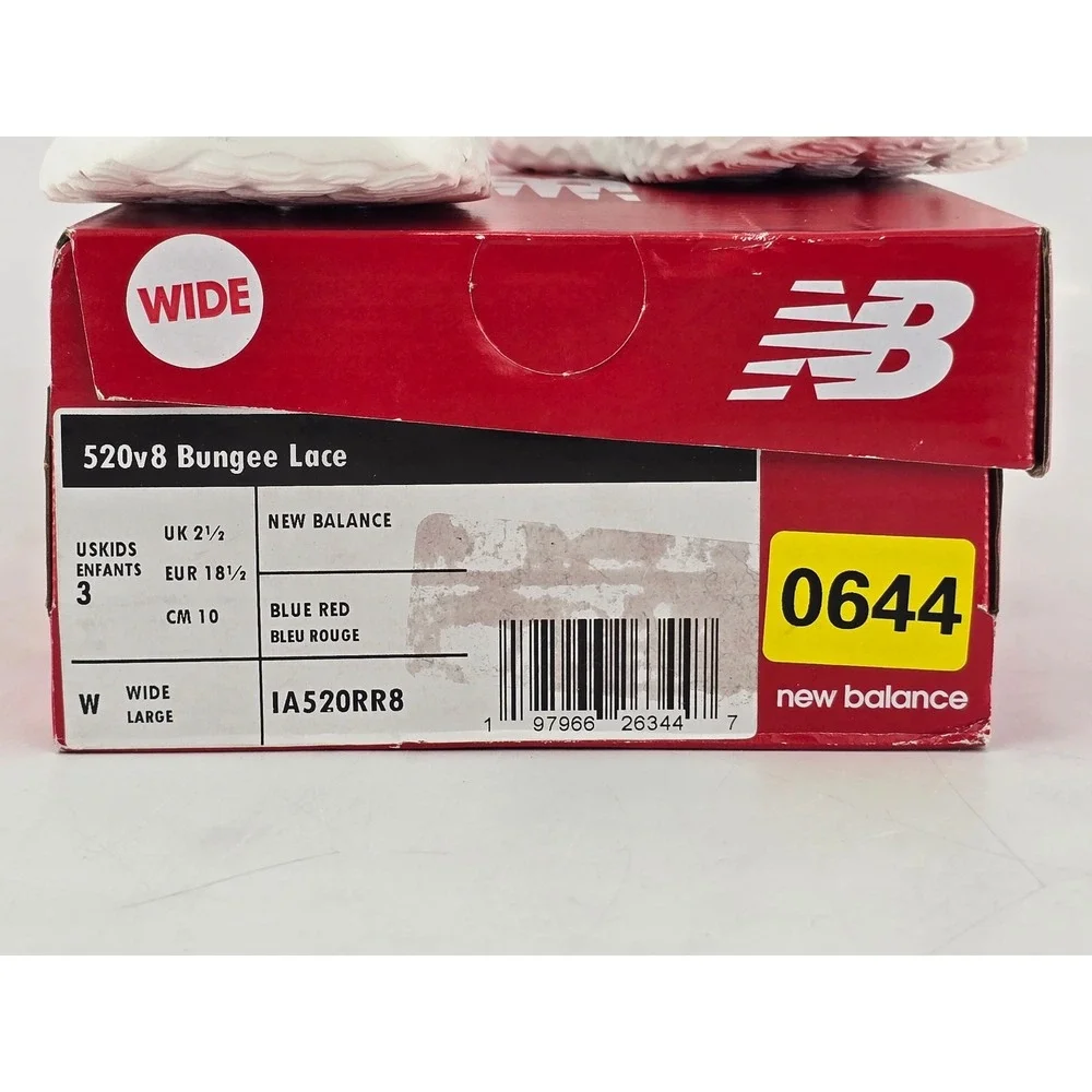 New Balance 520v8 Bungee Lace Kids 3 Wide Blue Red Sneakers - New